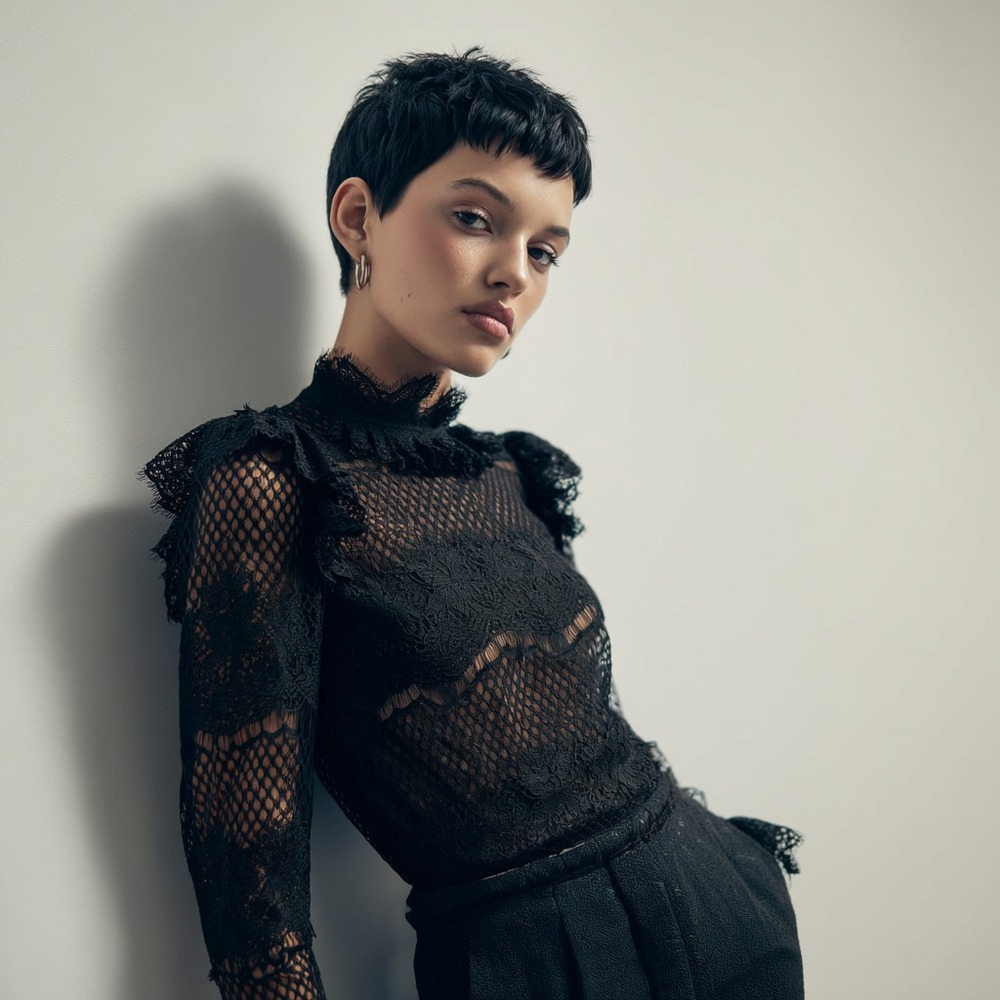 Sheer Black Lace Mock-Neck Women's Top